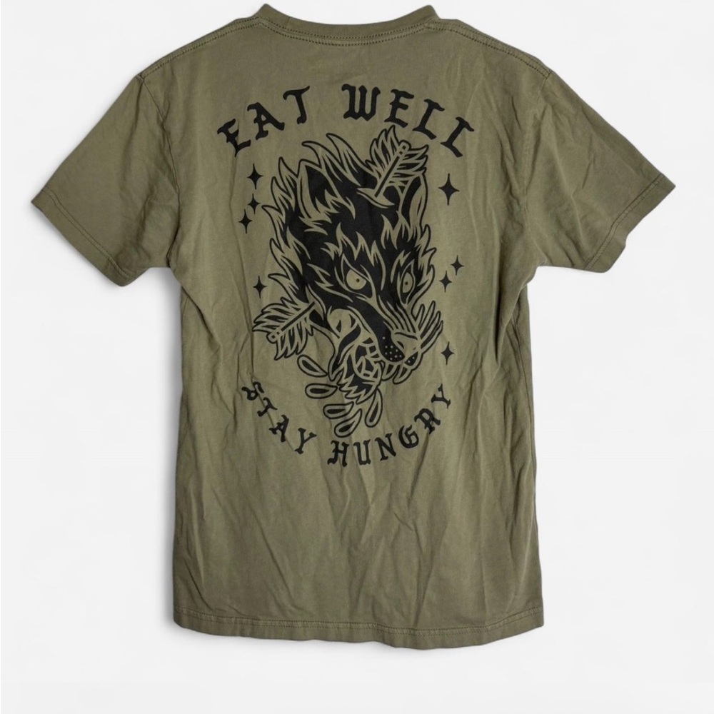 Olive Graphic Tee with Wolf Design Eat Well Stay Hungry By Deviant Brand